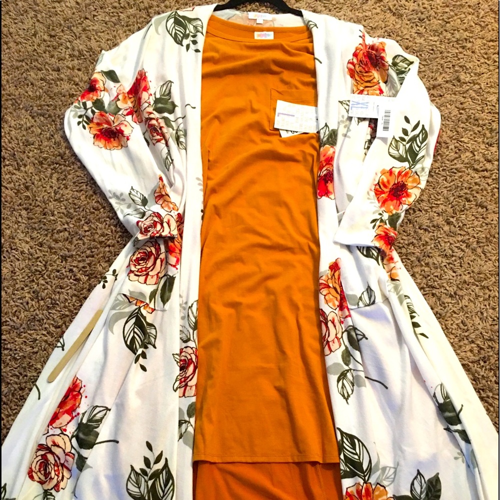 LuLaRoe L Carly dress and XL Sarah cardigan